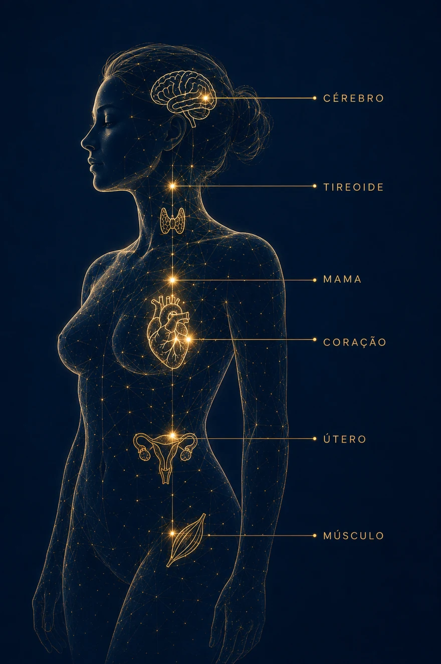 Silhueta feminina de perfil desenhada como constelação em traço de ouro, com cérebro, tireoide, mama, coração, útero e músculo acesos e ligados por um mesmo eixo vertical