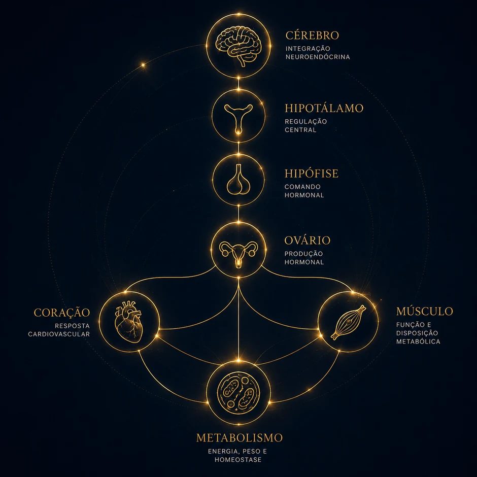 Eixo neuroendócrino desenhado em traço de ouro: cérebro, hipotálamo, hipófise e ovário em cascata, abrindo para coração, músculo e metabolismo